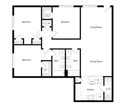 Floor plan for 3 beds, 2 baths, 1277 sqft